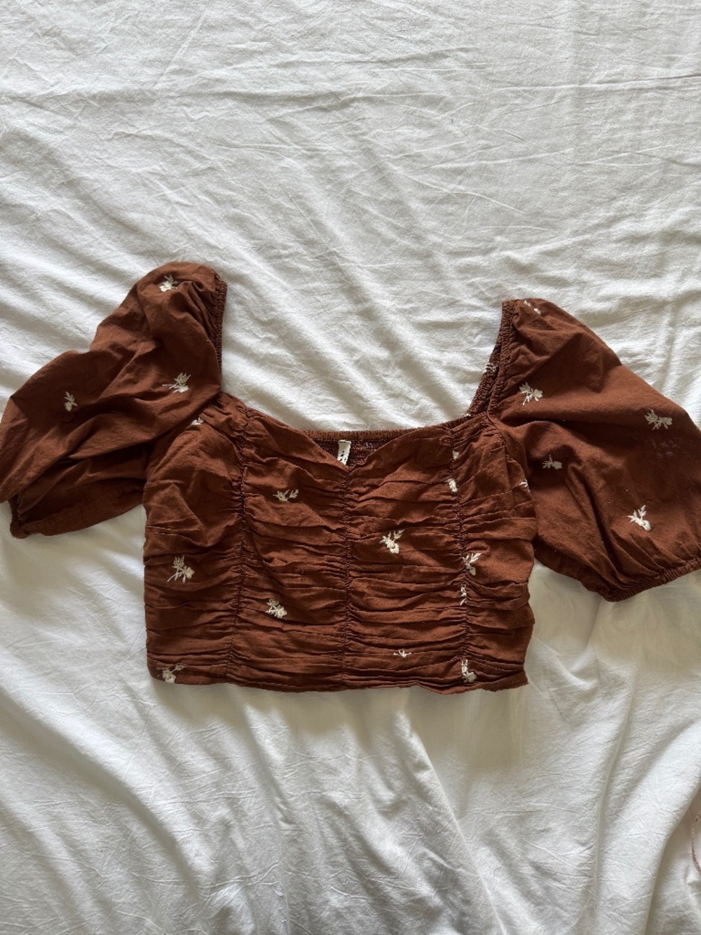 Brown Linen Top with Puff Sleeves and Flower Embroidery
